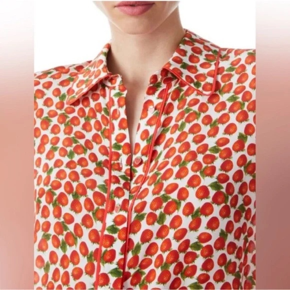 Alice + Olivia Willa Strawberry Print Silk Shirt Size Small